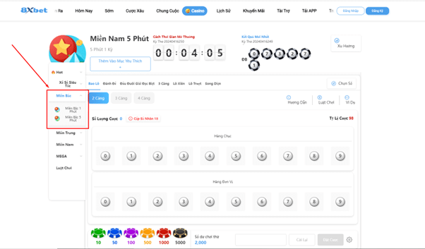 Giao diện trò chơi xổ số miền Bắc trên 8xbet